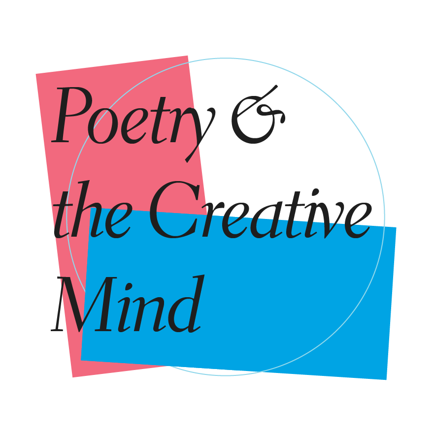 Pink and Blue rectangles with event name Poetry & the Creative Mind superimposed on top