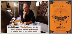 Linda Hogan at her desk amid personal objects. Orange cover of her book "A History of Kindness."  