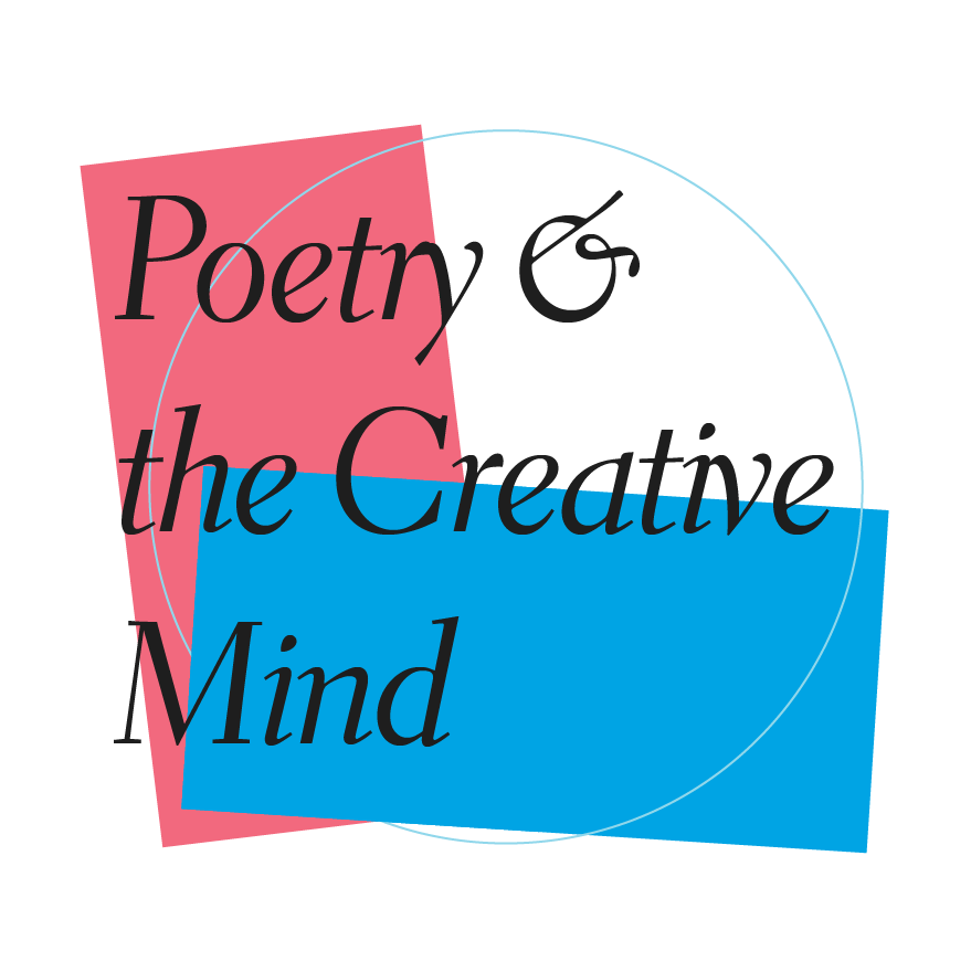Pink and Blue rectangles with event name Poetry & the Creative Mind superimposed on top