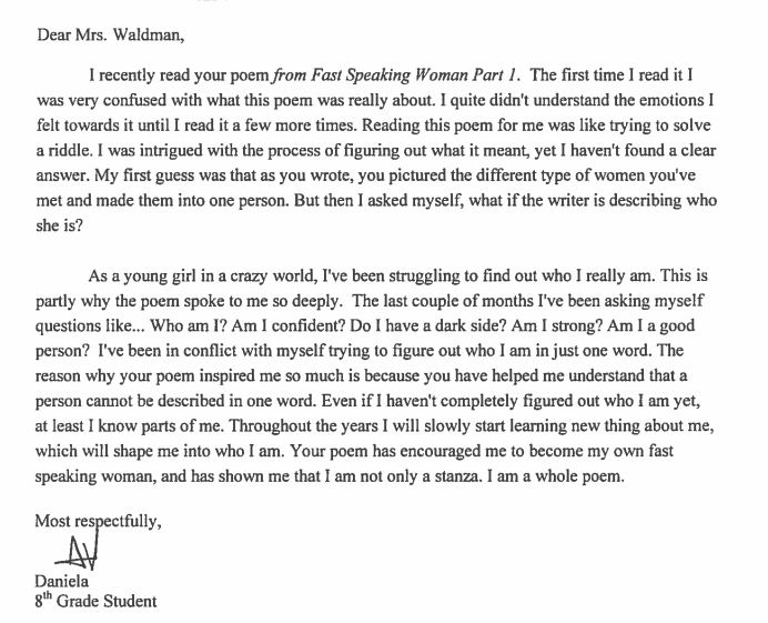 Dear Anne Waldman from Daniela
