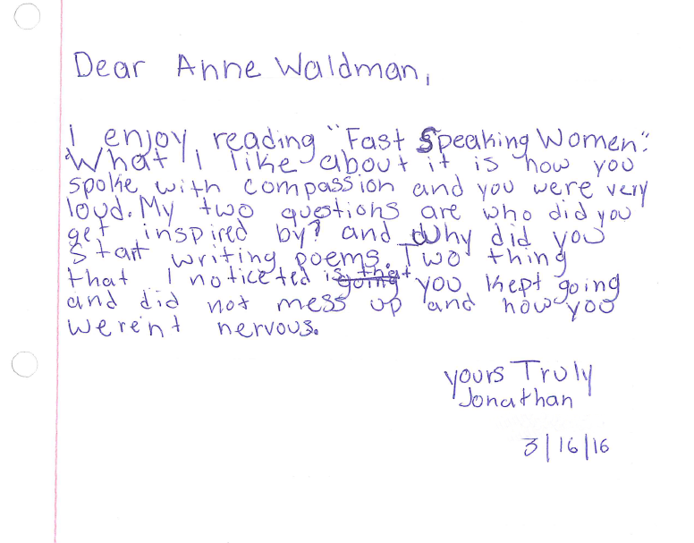 Dear Anne Waldman from Jonathan 