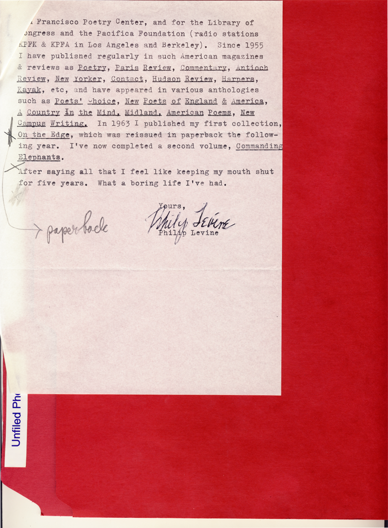 Philip Levine Letter, 1966